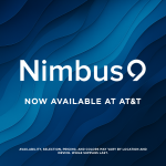 Abstract blue wave background with Nimbus9 logo and text announcing select iPhone 17 cases now available at AT&T. Availability may vary.