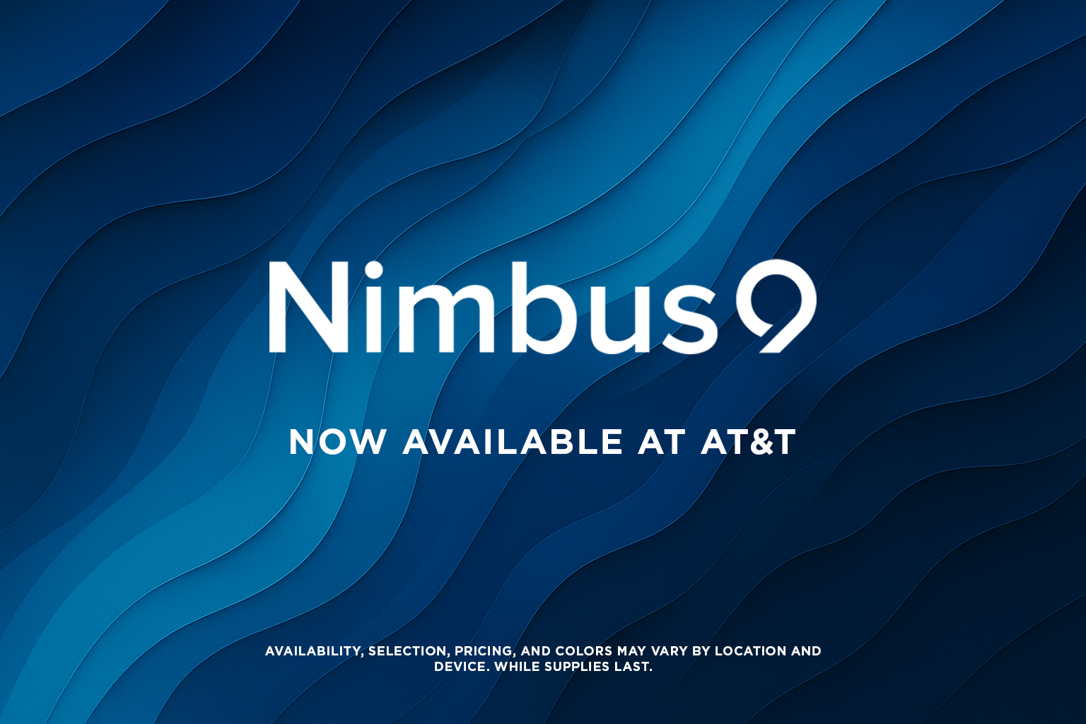 Abstract blue wave background with Nimbus9 logo and text announcing select iPhone 17 cases now available at AT&T. Availability may vary.